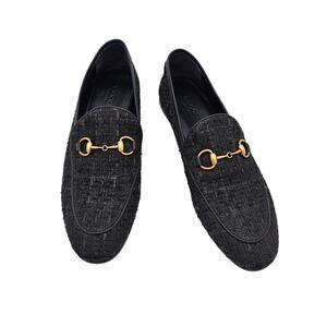 Gucci Jordaan Horsebit Flat Loafer Black Tweed Gold Slip On Size 37.5 US 7.5